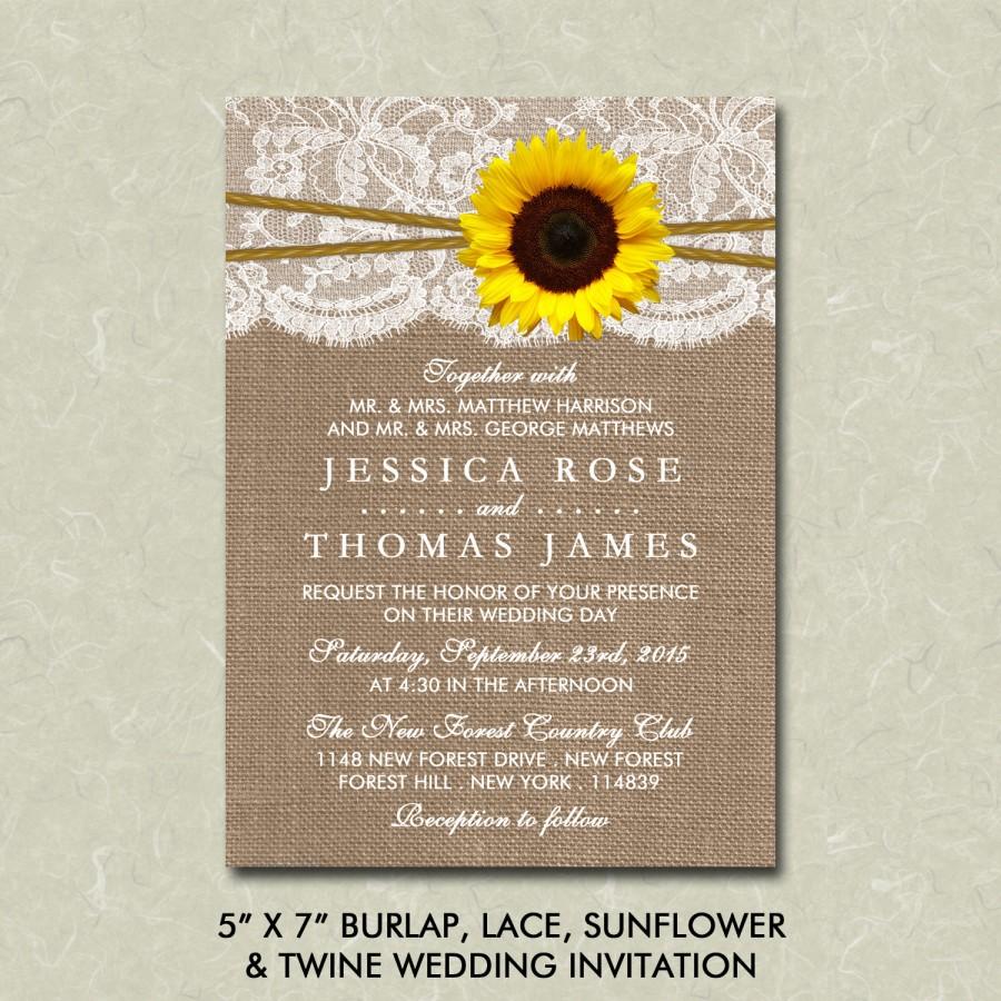 زفاف - 5” x 7” Rustic Burlap, Lace, Sunflower & Twine Wedding Invitation Digital File