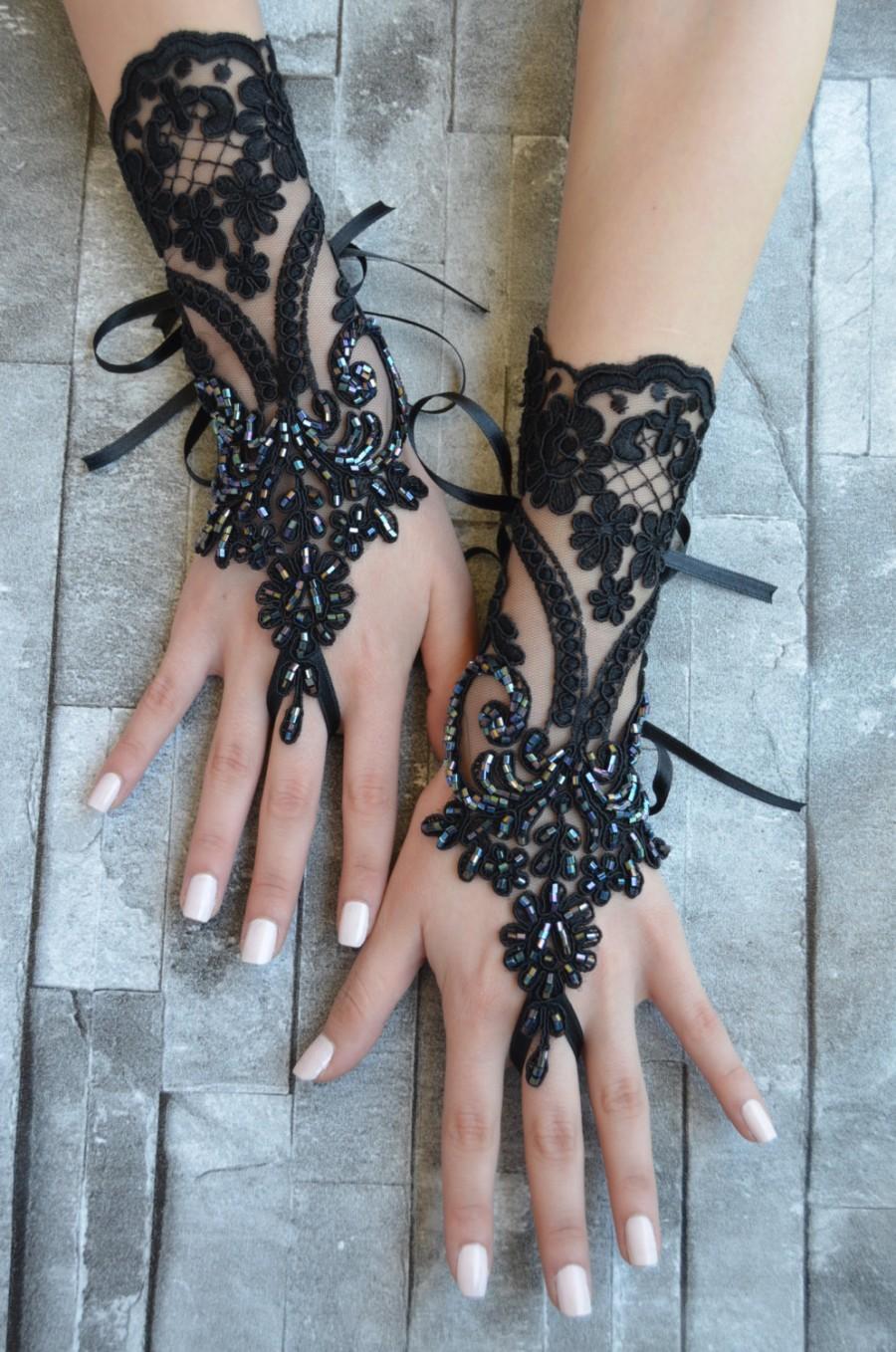 Mariage - black wedding glove, Bridal Glove, black lace cuffs, lace gloves, Fingerless Gloves, bridal gloves  Free Ship, gloves, black gloves,