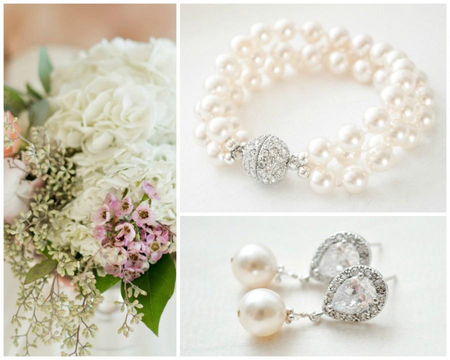 Hochzeit - Wedding Jewellery SET, Pearl Bridal Jewellery SET, Bridal Bracelet Set, Bridal Earrings Set