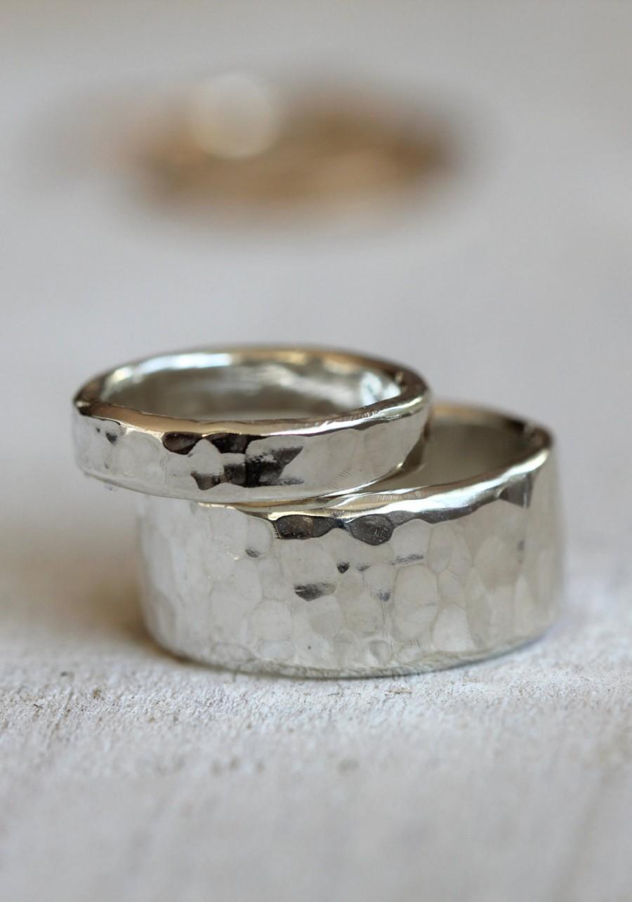 زفاف - Wedding ring set sterling silver hammered rings
