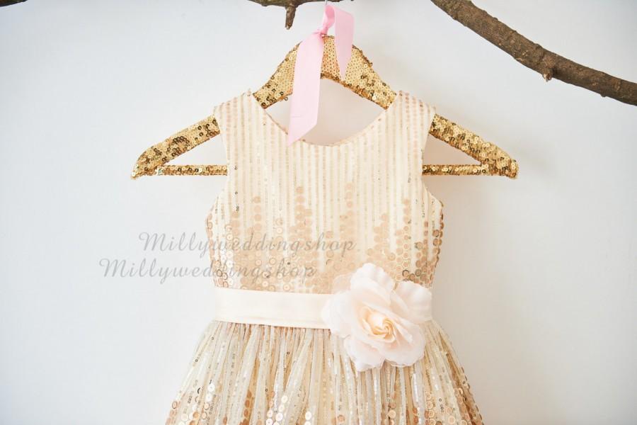 Mariage - Rose Champagne Sequin Flower Girl Dress Junior Bridesmaid Wedding Party Dress M0027