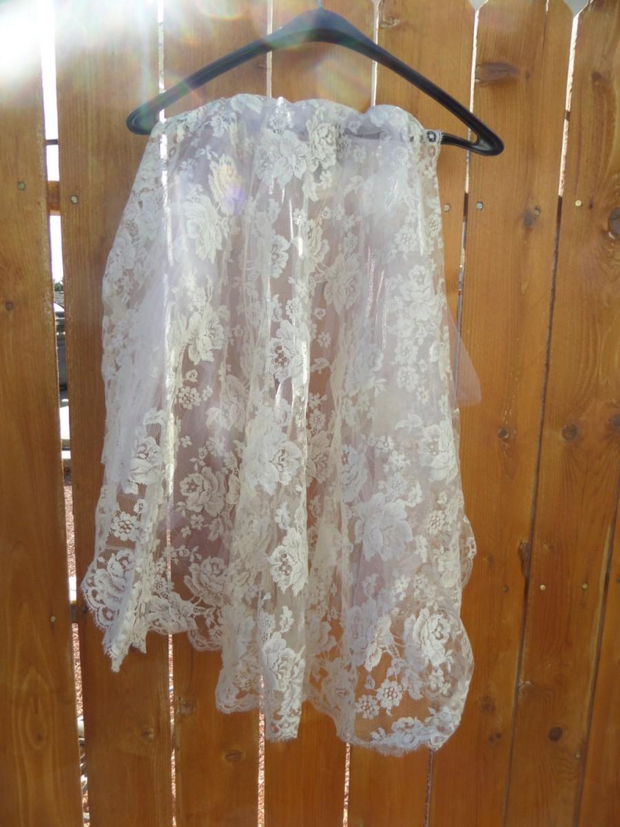 Hochzeit - OOAK Vintage off white late 60's lace wedding veil with silk rose