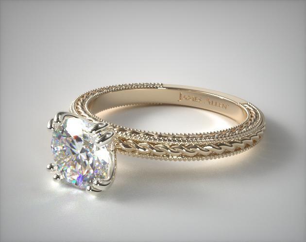 Wedding - 18K Yellow Gold Etched Rope Solitaire Engagement Ring