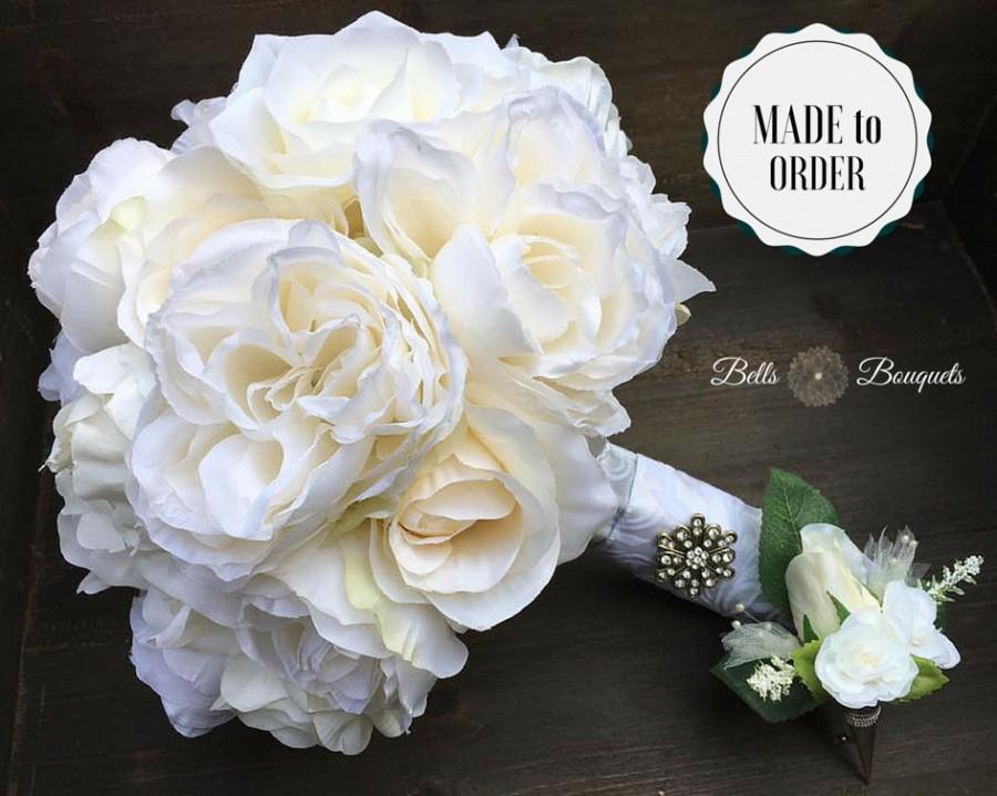 Hochzeit - Two Piece Silk Ivory Wedding Bouquet and Boutonniere Set, WEDDING BOUQUET, Groom Boutonniere, Corsage, Silk Flowers, Bouquet, Boutonniere