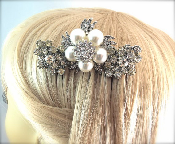 زفاف - Vintage Rhinestone Brooch Pearl Bridal Hair Comb - Vintage Sparkle - Something Old
