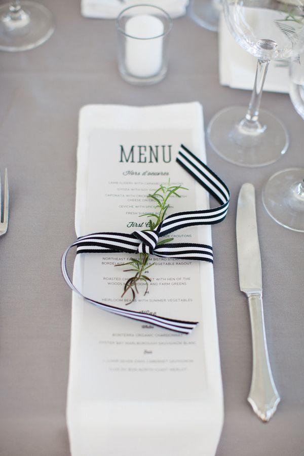 Hochzeit - Reception Menu Tied With Black And White Striped Ribbon