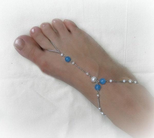 زفاف - Barefoot Sandals, Beach wedding  Barefoot shoes, blue aquamarine and white pearls, Bridal Barefoot Sandals, footless sandals, blue wedding