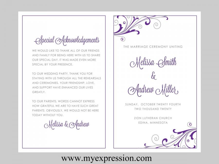 Mariage - Wedding Program Template – Swirl and Flourish (Purple & Silver) - Instant Download - Editable MS Word File