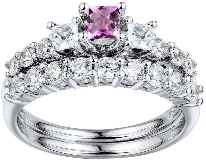 Hochzeit - FINE JEWELRY DiamonArt Pink & White Cubic Zirconia Sterling Silver 3-Stone Bridal Ring Set