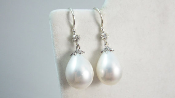 Hochzeit - White Wedding Teardrop Pearl Earrings - June - Weddings by Split Personality Design
