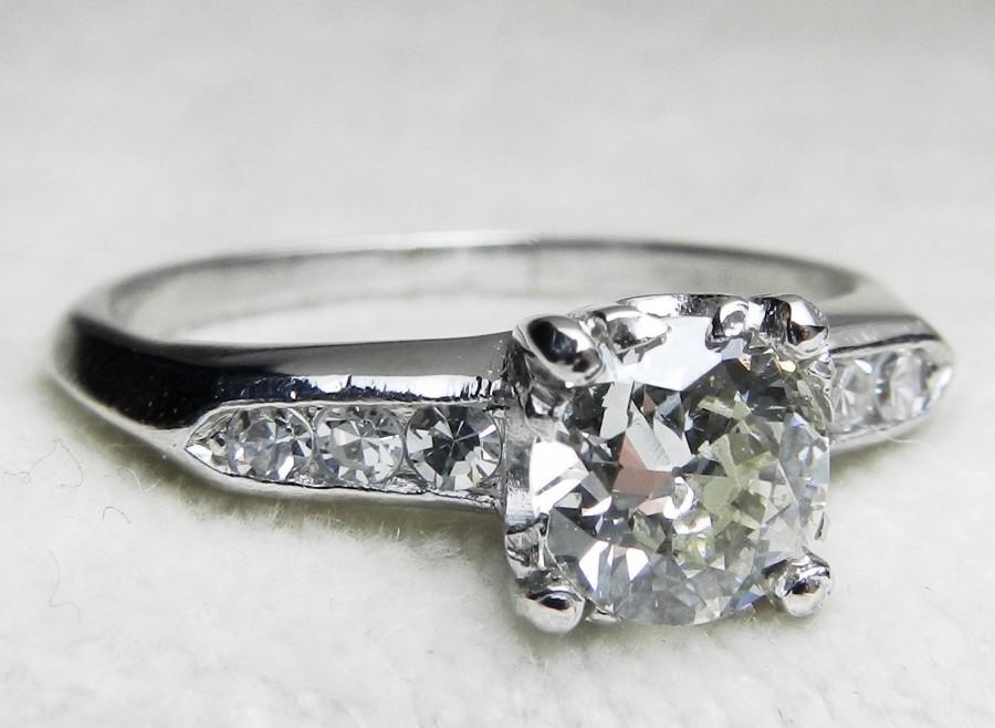 Wedding - Art Deco Engagement Ring 1.12ct Old European Cut Diamond with Accents 1.30cttw Diamond Solitaire Engagement Ring 1920's Platinum Ring