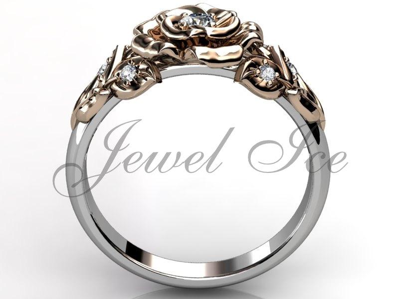 Wedding - Flower Engagement Ring - 14k white and rose gold diamond unusual unique flower engagement ring, wedding ring, anniversary ring ER-1059-5