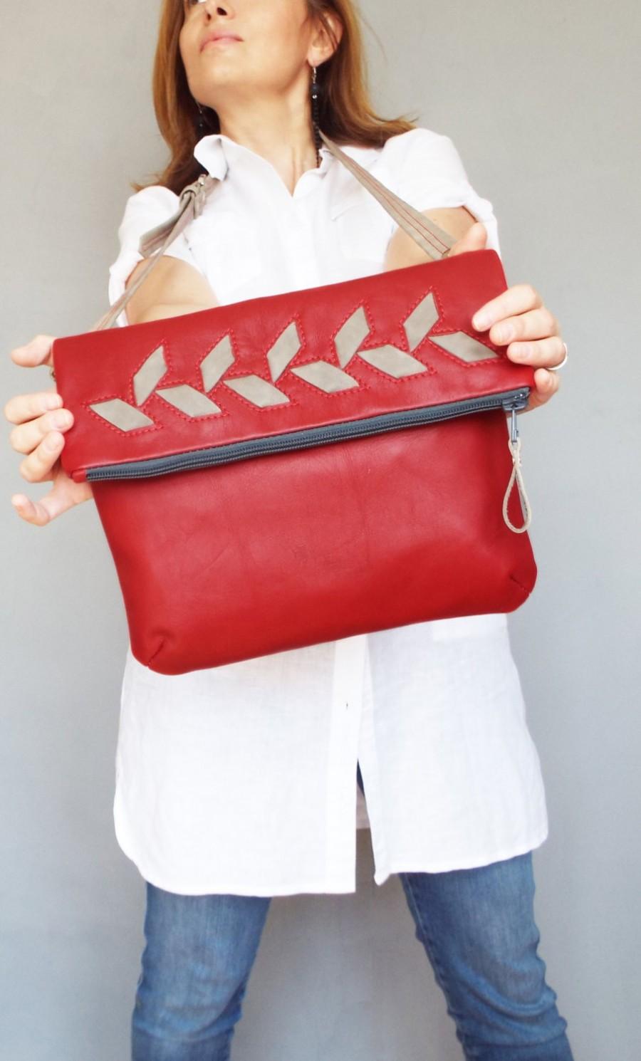 زفاف - Read leather foldover crossbody bag. Red crossbody leather purse.