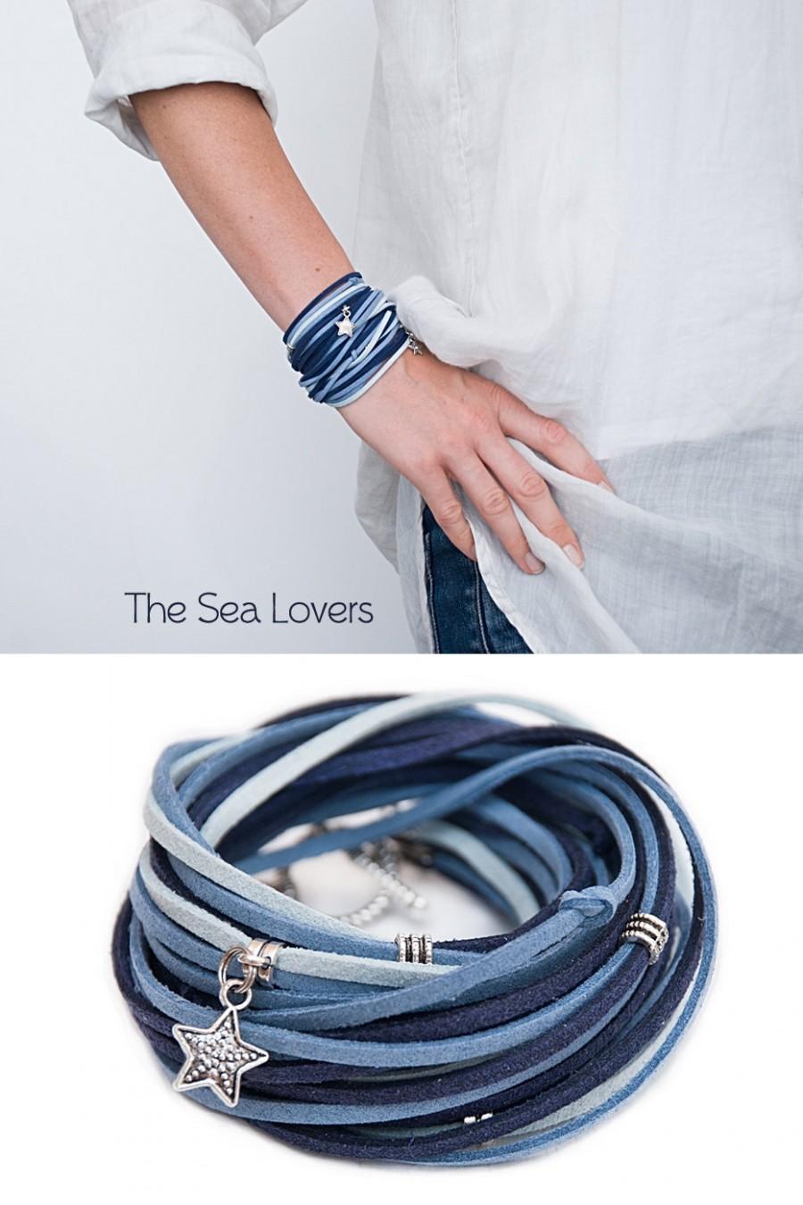 Hochzeit - Blue bracelet in a jeans style Double wrap suede bracelet Boho chic Blue grey bracelet Handmade Jewelry Women Casual Something Blue
