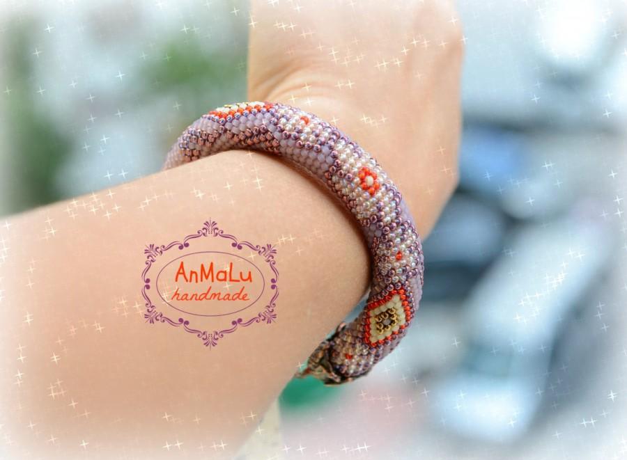 Mariage - Bead Crochet Bracelet "Сherry orchard" • Beaded Bracelet • Beadwork • Handmade • Bracelet • Jewelry • Crochet Bracelet • Lilac • Red • Biege