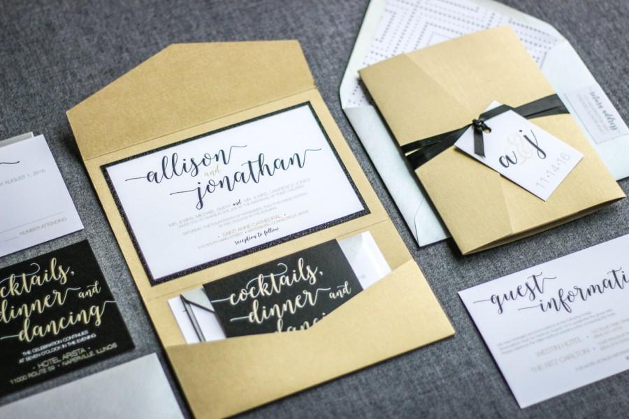 Свадьба - Calligraphy Wedding Invitations, Glitter Invitations, Black, Silver and Gold, Modern, Whimsical Calligraphy - Pocketfold,1 Layer, v1- SAMPLE