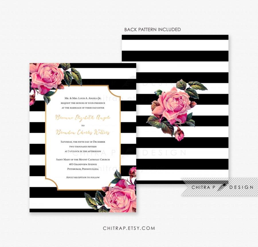 Свадьба - Black & White Wedding Invitation - Printed, Pink Gold Floral Invite Rose Striped Modern Formal Kate Engagement Party Winter Boho Bridal 