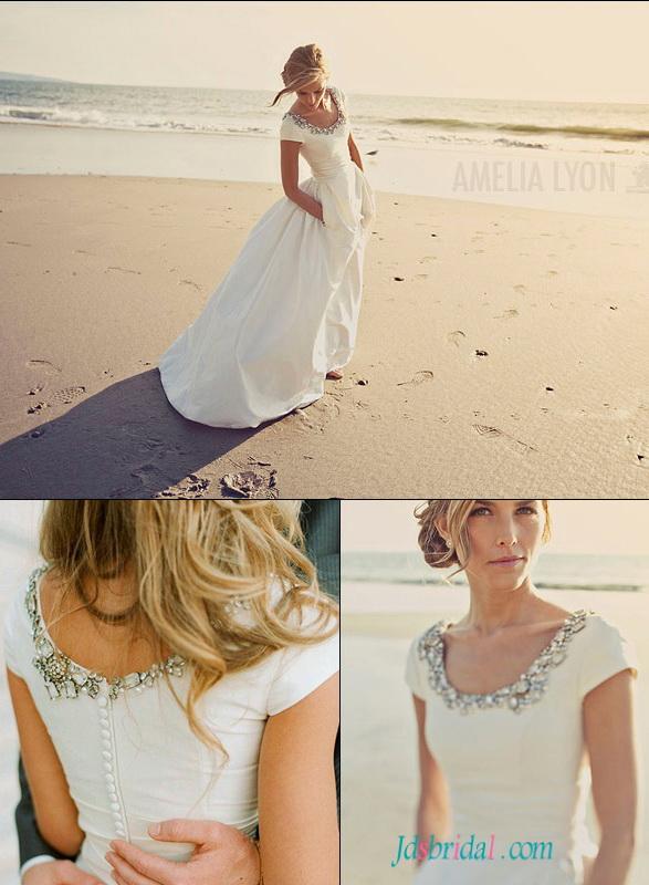 Wedding - H1546 Simple beach taffeta short sleeved wedding dress with pockets