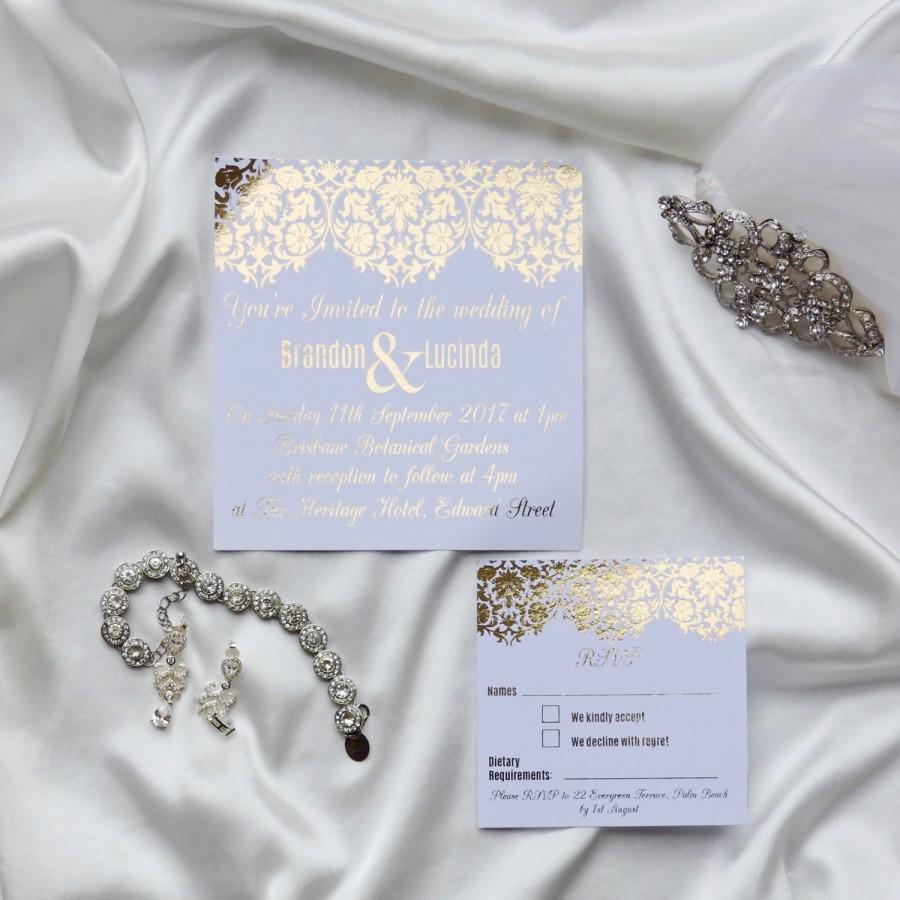 Hochzeit - Gold Foil Wedding Invitation Set with RSVP Card / Damask Wedding Invitation / Printed Wedding Invitations / Engagement Invitations