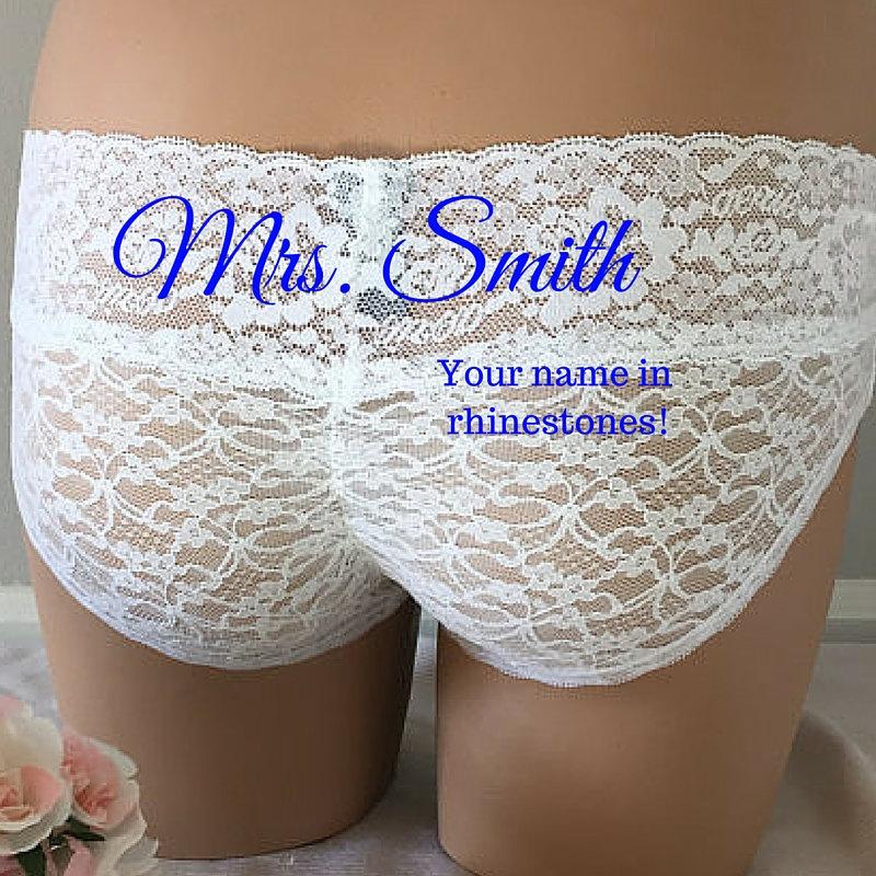 Wedding - XSmall - CUSTOM Bridal Panty, Lace White Panties Undie, YOU pick the stone -  Mrs, Bride, I do or Your Name - Size XSMALL