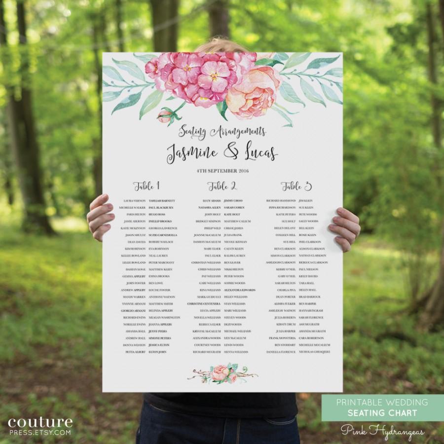 Hochzeit - Printable Wedding Seating Chart, DIY Printable Guest Arrangement Chart, Wedding Signage - Pink Hydrangea & Rose