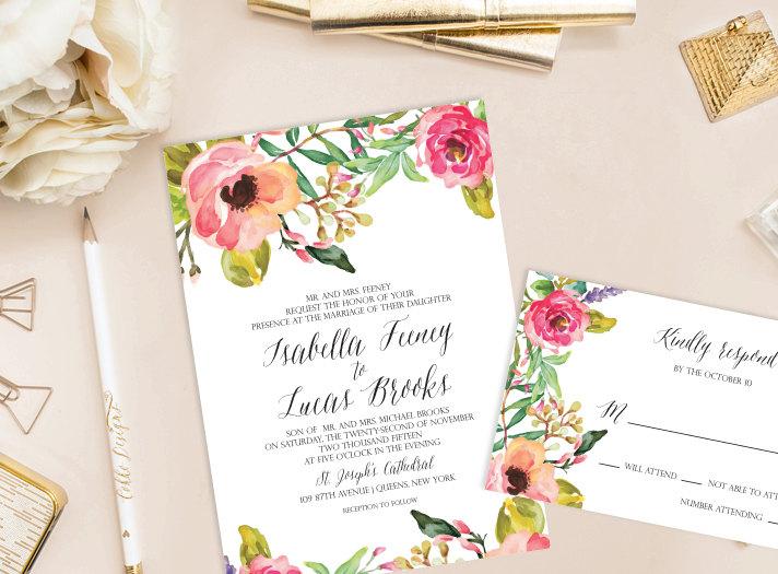 Mariage - Isabella Printable Wedding Invitation (DIY Invitation), Watercolor Floral Invitation