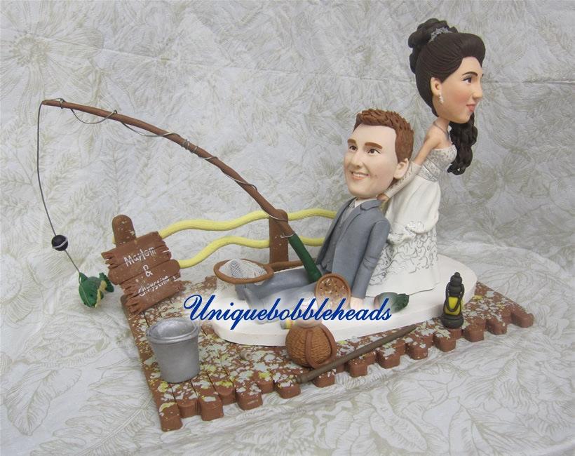 Wedding - Custom wedding cake topper, Fishing custom wedding cake topper, bride dragging groom, dock, stop fishing ,drag