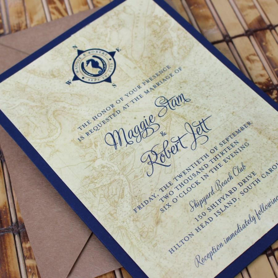 Wedding - Vintage Map and Lucky Seahorse Wedding Invitation (Pocket Card) - Design Fee
