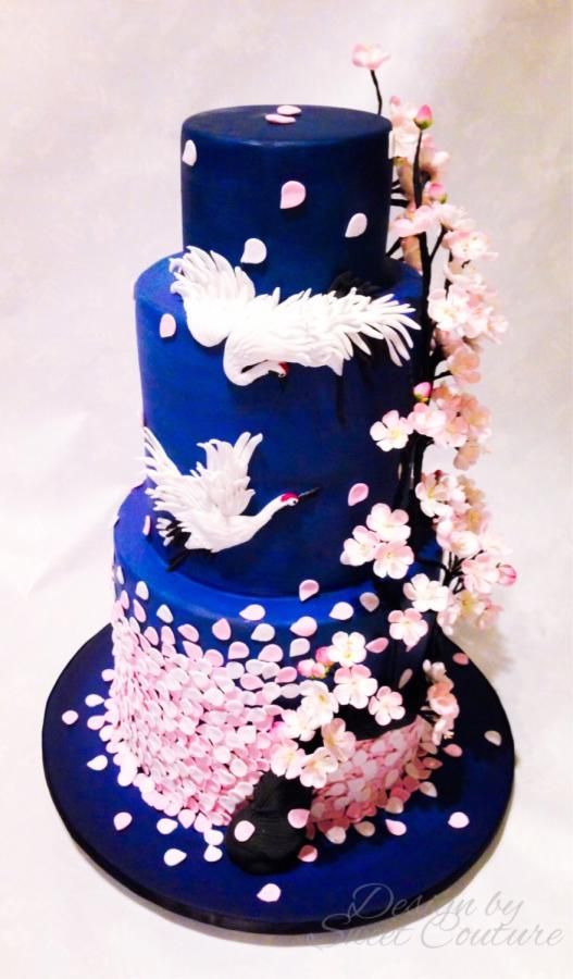 Hochzeit - Oriental/cherry Blossom Themed Wedding Cake.
