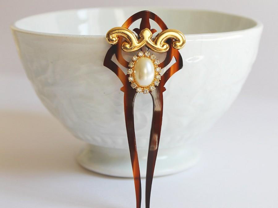 Wedding - Art Nouveau Tortoise Shell Bridal Hair Comb, Small Vintage Deco Gold Hair Comb, Bride Hair Accessories, Great Gatsby Pearls Rhinestones Comb
