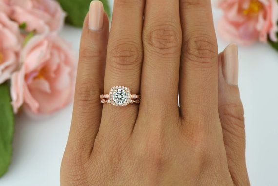 Wedding - 1.25 Ctw Halo Bridal Set, Art Deco Wedding Rings, Man Made Diamond Simulants, Victorian Engagement Ring, Sterling Silver, Rose Gold Plated