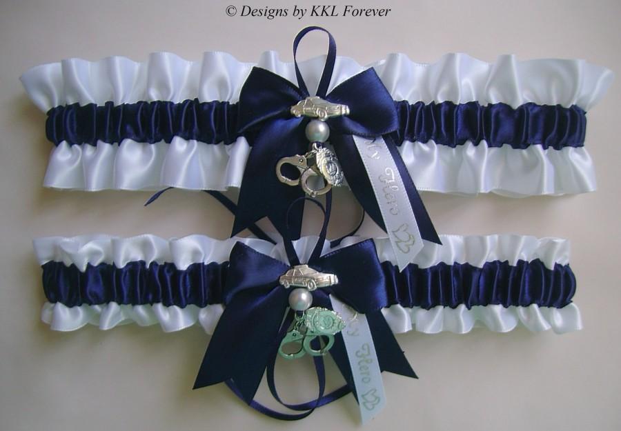 Mariage - Police Officer Wedding Garters Handmade White and Navy Blue Garters