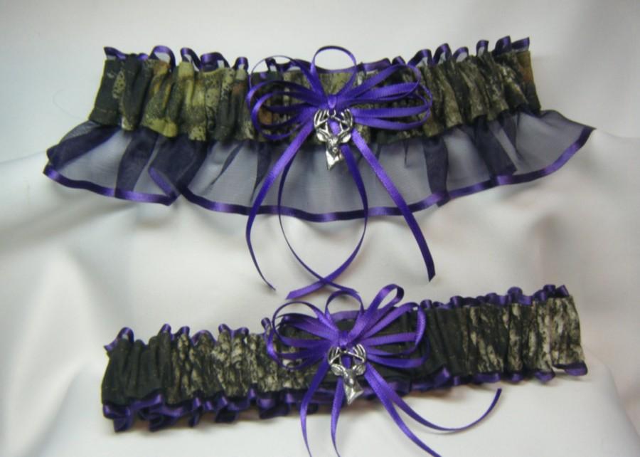 Mariage - Purple MOSSY OAK Camouflage wedding garters deer Camo garter