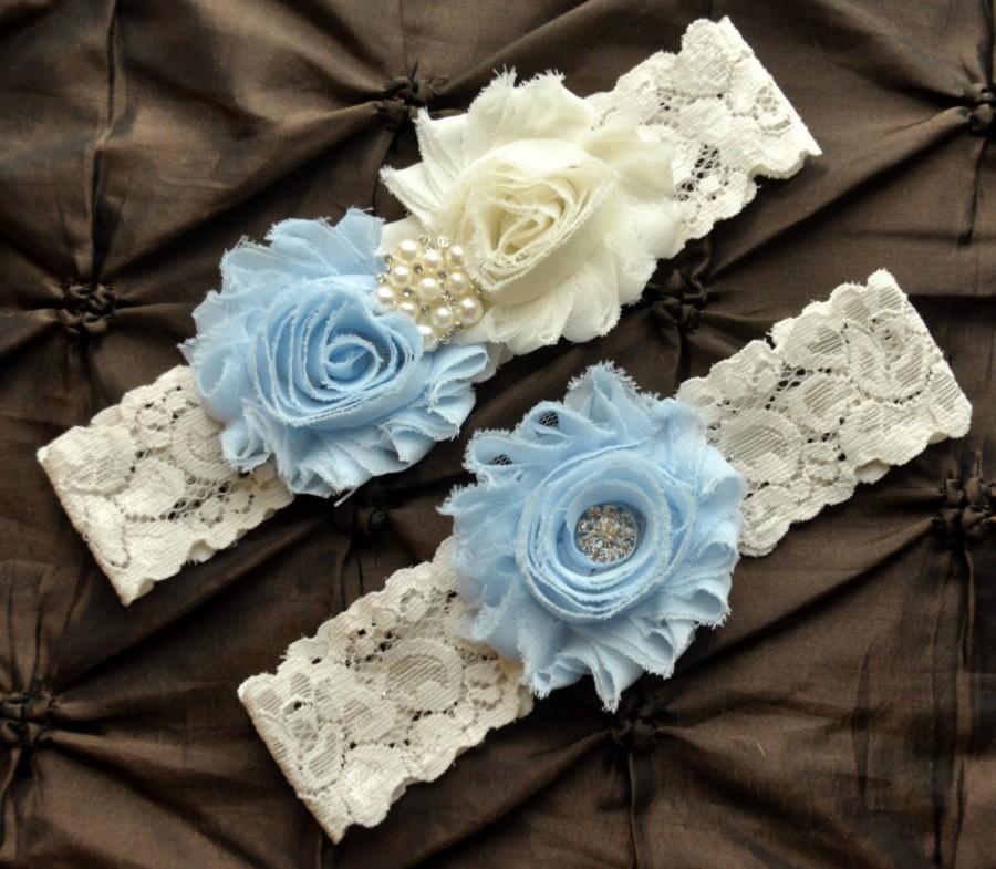 Hochzeit - Wedding Garter Belt, Bridal Garter Set - Ivory Lace Garter, Keepsake Garter, Baby Blue Wedding Garter, Light Blue Wedding Garter Set