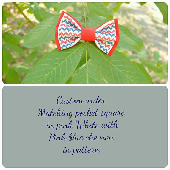 زفاف - CUSTOM ORDER matching pocket square Pink white bow tie with pink blue in pattern