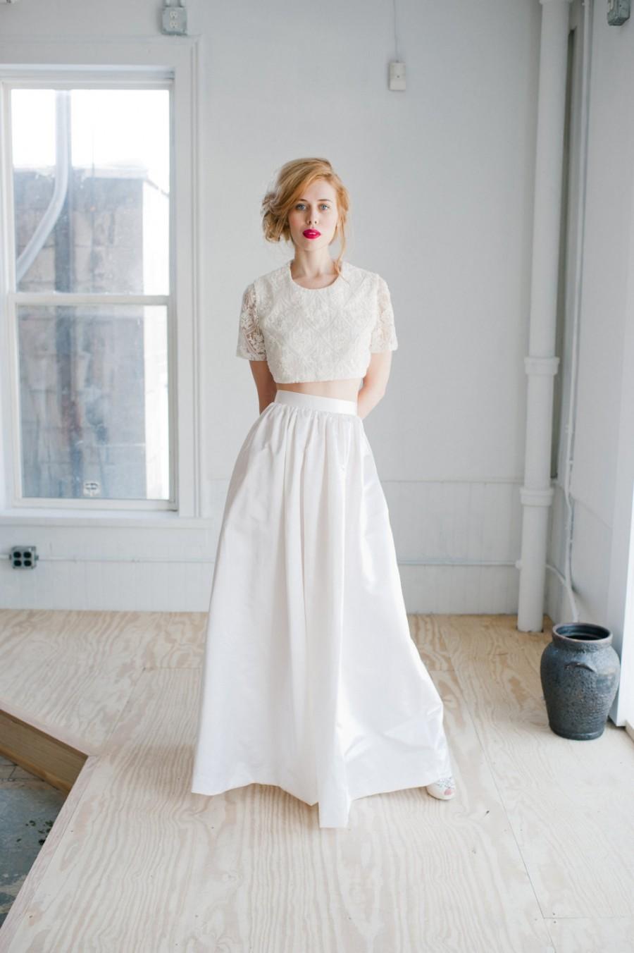 Свадьба - Opal Wedding Dress; Handmade Wedding Dress, beaded cropped top and high waisted luxurious floor length satin skirt