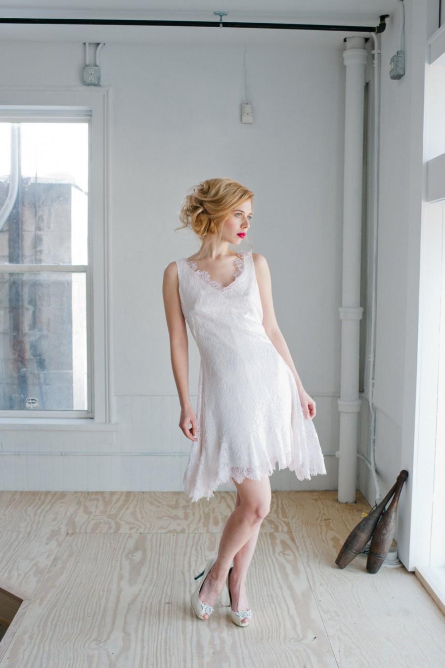 Hochzeit - Odette Lace Wedding Dress; Handmade Wedding Dress, beautiful lace mini dress with plunging back and flared godet inserts