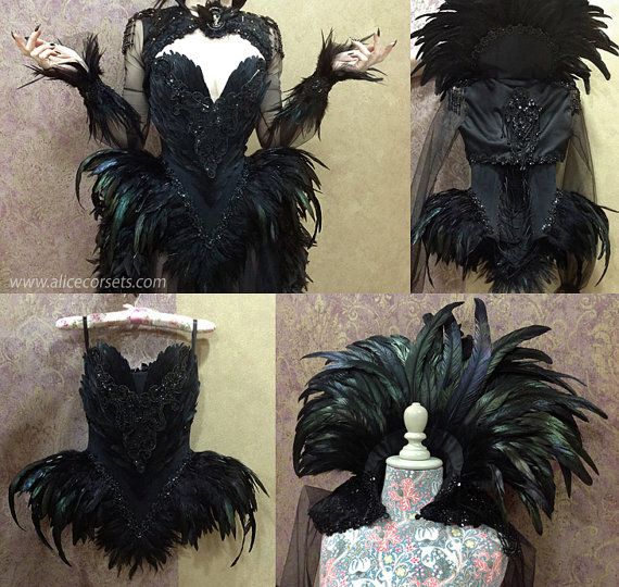 Hochzeit - Witch Crow Feathers Overbust Corset ~ Gothic Hip Fins Haute Goth Dress ~ Vampire Wedding Ball Masquerade Costume ~ Halloween Outfit Corsetry