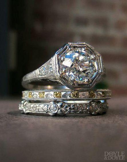 زفاف - What A Stack, Love The Pop Of Yellow Diamonds! Art Deco Diamond Engagement Ring With Contemporary Diamond Eternity Bands, All In Platinum. From Doyle & Doyle. 