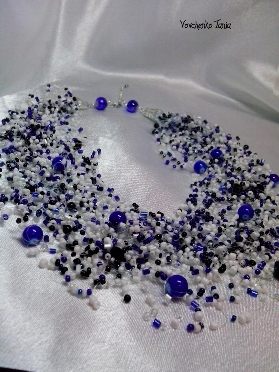 Свадьба - Air necklace Blue white black beads Jewelry handmade beaded crochet beads air necklace A gift for her Crochet necklace Multistrand necklace