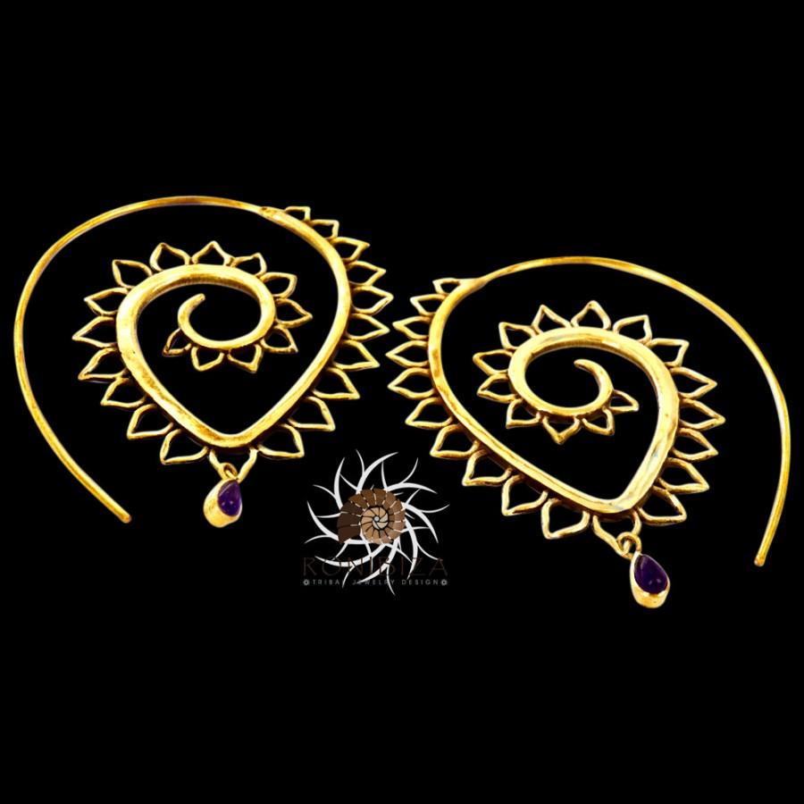 Hochzeit - Brass Earrings - Brass Spiral Earrings - Gypsy Earrings - Tribal Earrings - Ethnic Earrings - Gemstone Earrings - Indian Earrings (EB52)