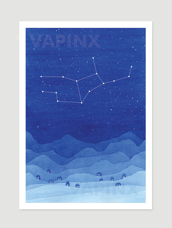 Wedding - Watercolor painting Virgo constellation blue mountains giclee print village wall decor starry night sky home art by VApinx