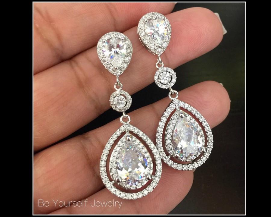 Mariage - White Crystal Bridal Earrings Cubic Zirconia Teardrop Bride Earrings Wedding Jewelry Bridesmaid Gift CZ Bridal Accessories Sterling Earrings