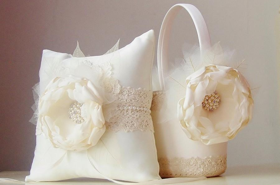 زفاف - Flower Girl Basket, Ring Bearer Pillow, Ivory Flower Girl Basket, Ivory Ring Bearer Pillow, Wedding Basket and Pillow Set