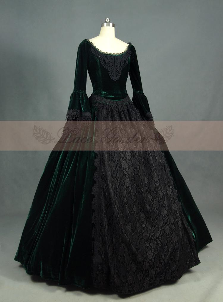 Hochzeit - Green and Black Velvet Lace Victorian Ball Gowns