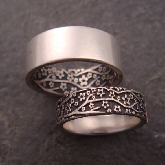 زفاف - Wedding Ring Set - Opposites Attract Wedding Band Set - Cherry Blossom Pattern In Sterling Silver, 14k Rose Gold Tabs - Handmade