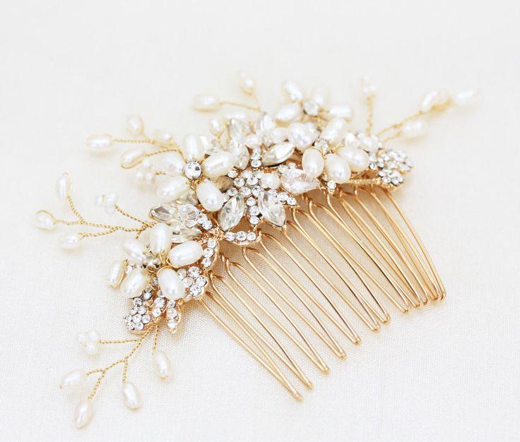 Hochzeit - Gold Or Silver Freshwater Pearl And Rhinestone Bridal Hair Comb