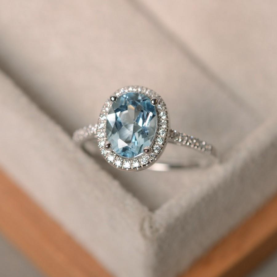 Wedding - March birthstone aquamarine ring, sterling silver, halo ring gemstone, engagement ring