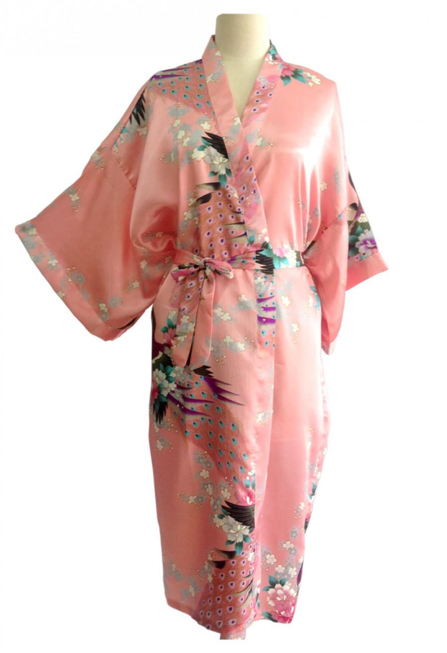 زفاف - On Sale Kimono Robes Bridesmaids Silk Satin Coral Colour Paint Peacock Design Pattern Gift Wedding dress for Party Free Size