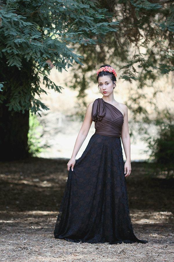 زفاف - Patagonia Brown Dress with Black Lace Skirt-Octopus Infinity Wrap Gown-Long Convertible Dress